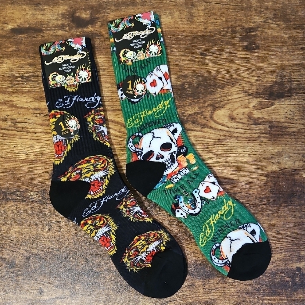 Ed Hardy Set Of 2 Pair Cushioned Crew Socks Size 6-12